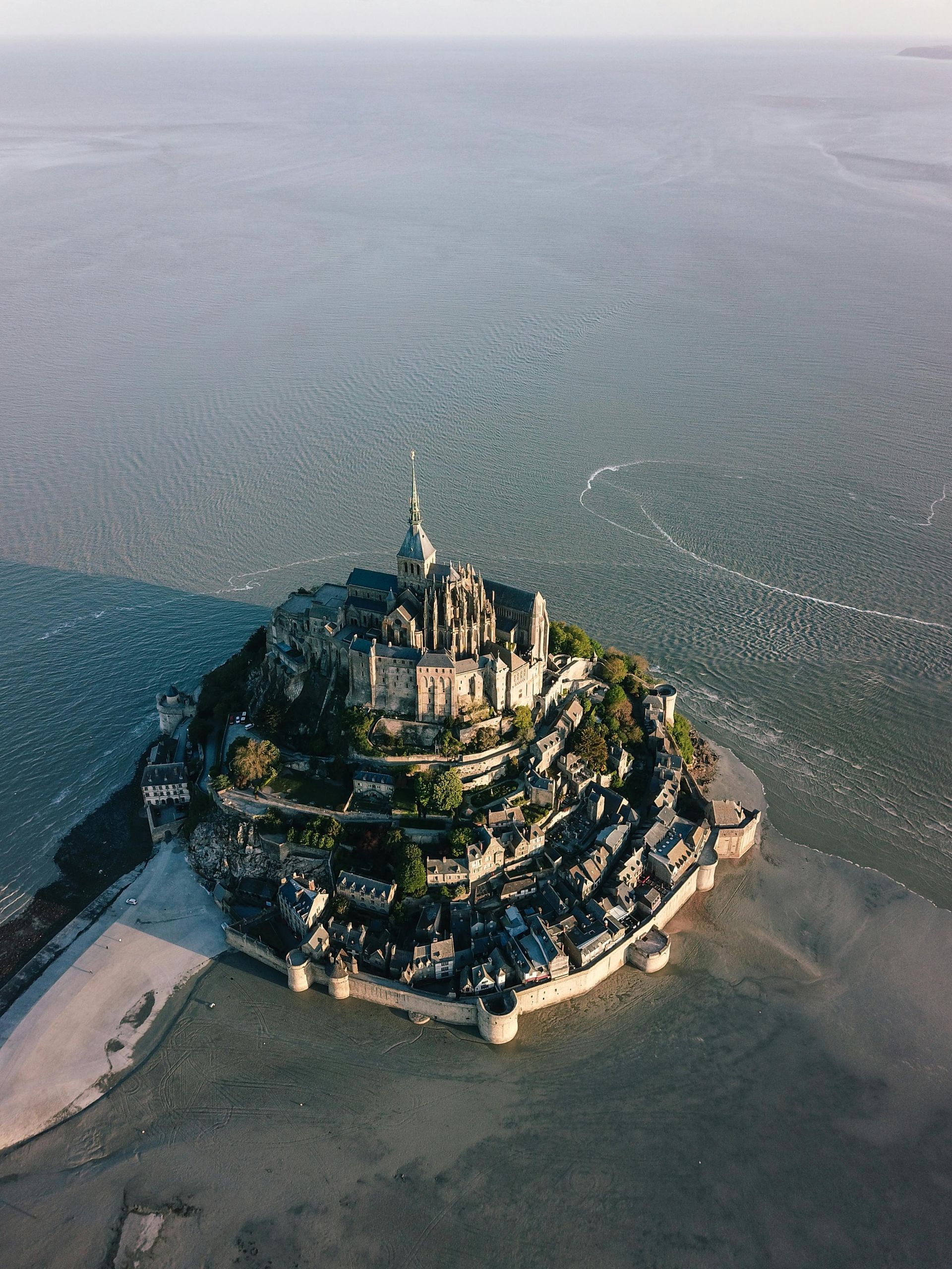 Aerial view of Mont Saint Michel, the UNESCO-listed medieval island and abbey in Normandy, France