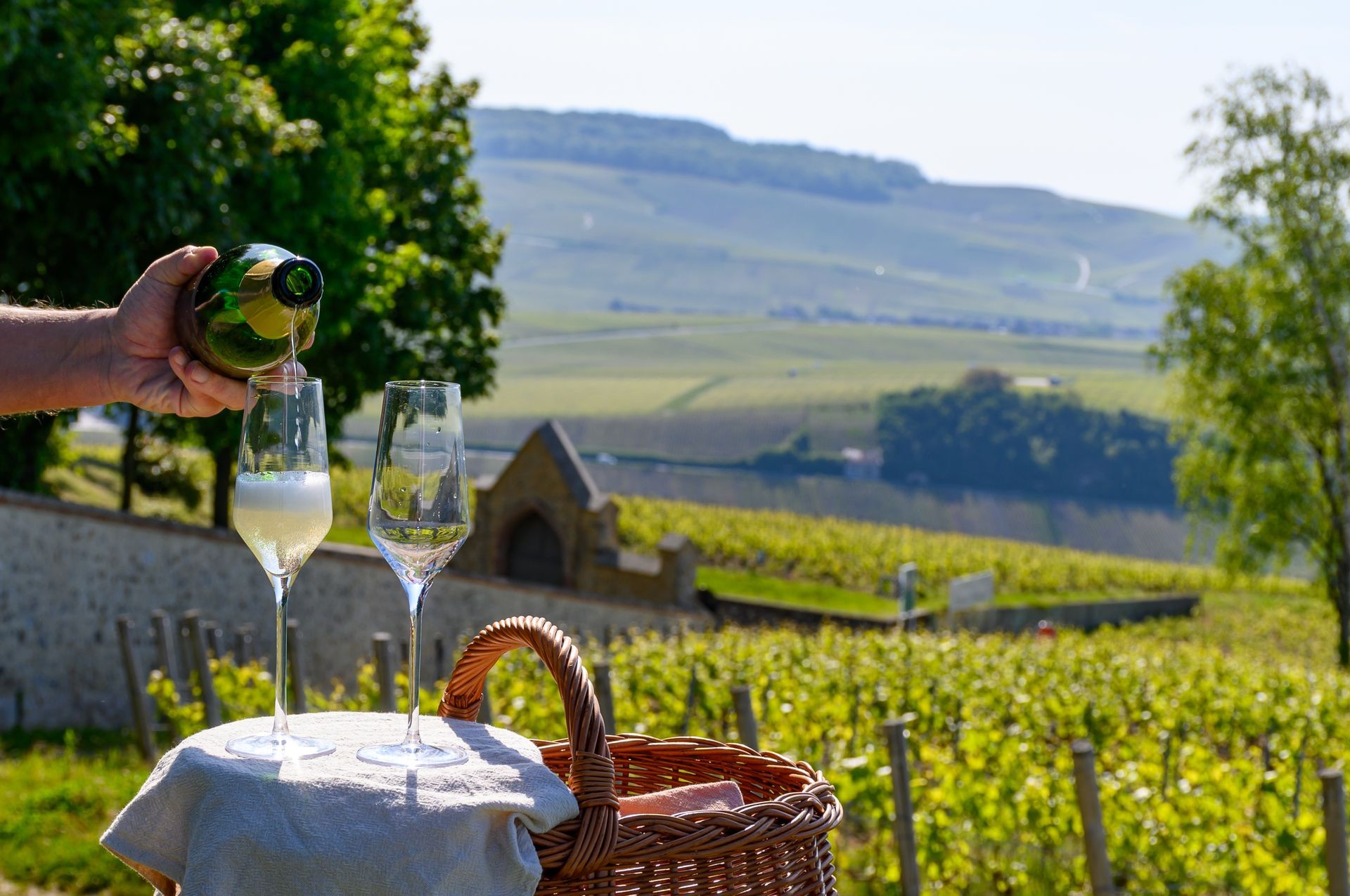 Two glasses of Champagne being poured with a vineyard backdrop in the Champagne region, France.