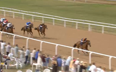 Horses racing on a track, with jockeys, spectators along the fence, and a sand-colored track.