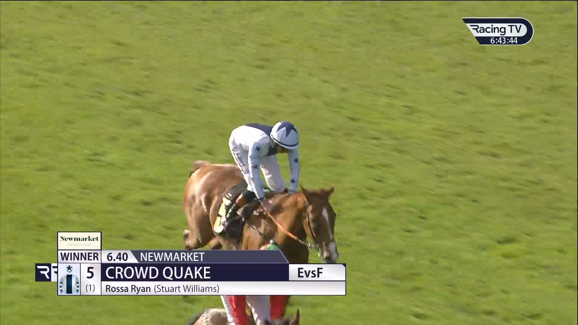 Jockey riding a brown horse during a horse race on a green field.
