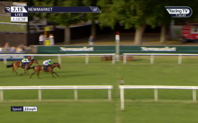 Horse race at Newmarket: two horses in green and brown, nearing finish line, green field, white fence, Racing TV logo.