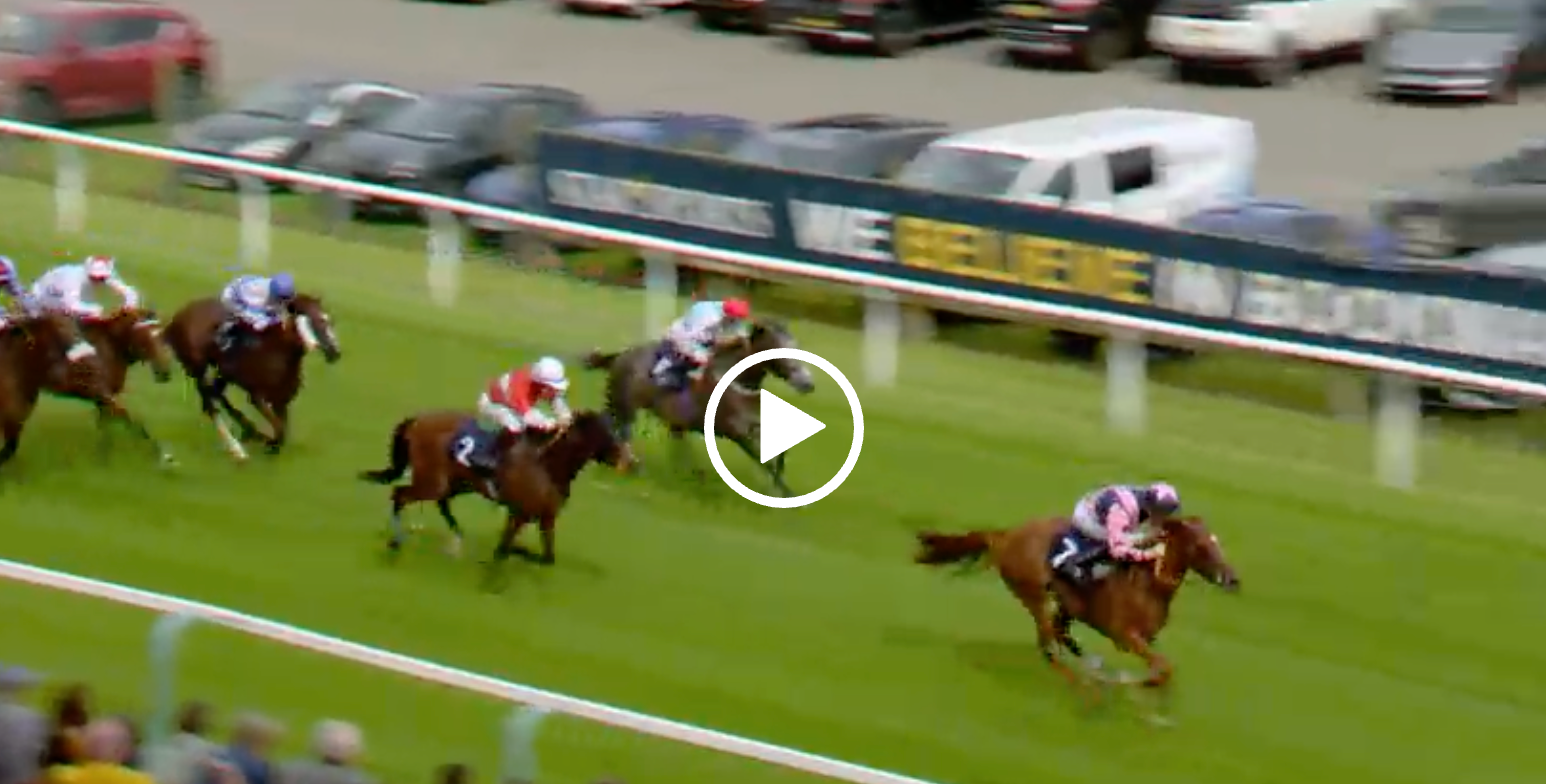 Horses racing on a green track; a horse in pink leads with other horses behind. Spectators are in the background.