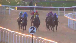 Horses racing on a dirt track, nearing the finish line. Jockeys in colorful silks. Sign reads