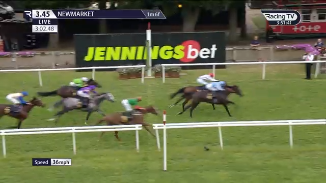 Horses racing on a green track, JenningsBet banner in the background at Newmarket racecourse.