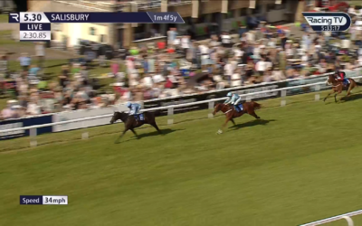 Racehorses racing on a green track at Salisbury; a crowd watches in the background.