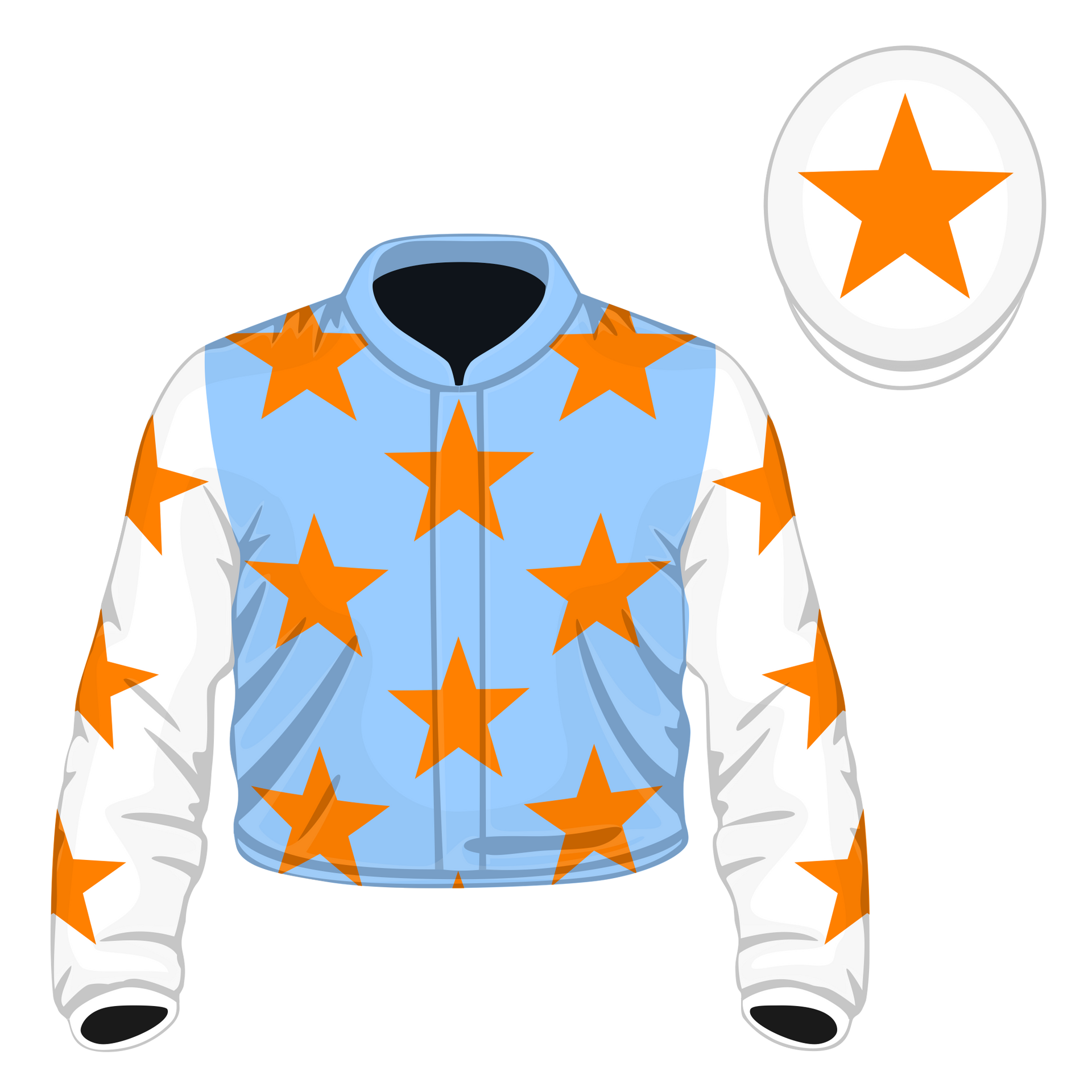 Purple shirt with green sleeves, black cap.