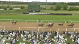 Racehorses running on a track toward the finish line, watched by a crowd of people.