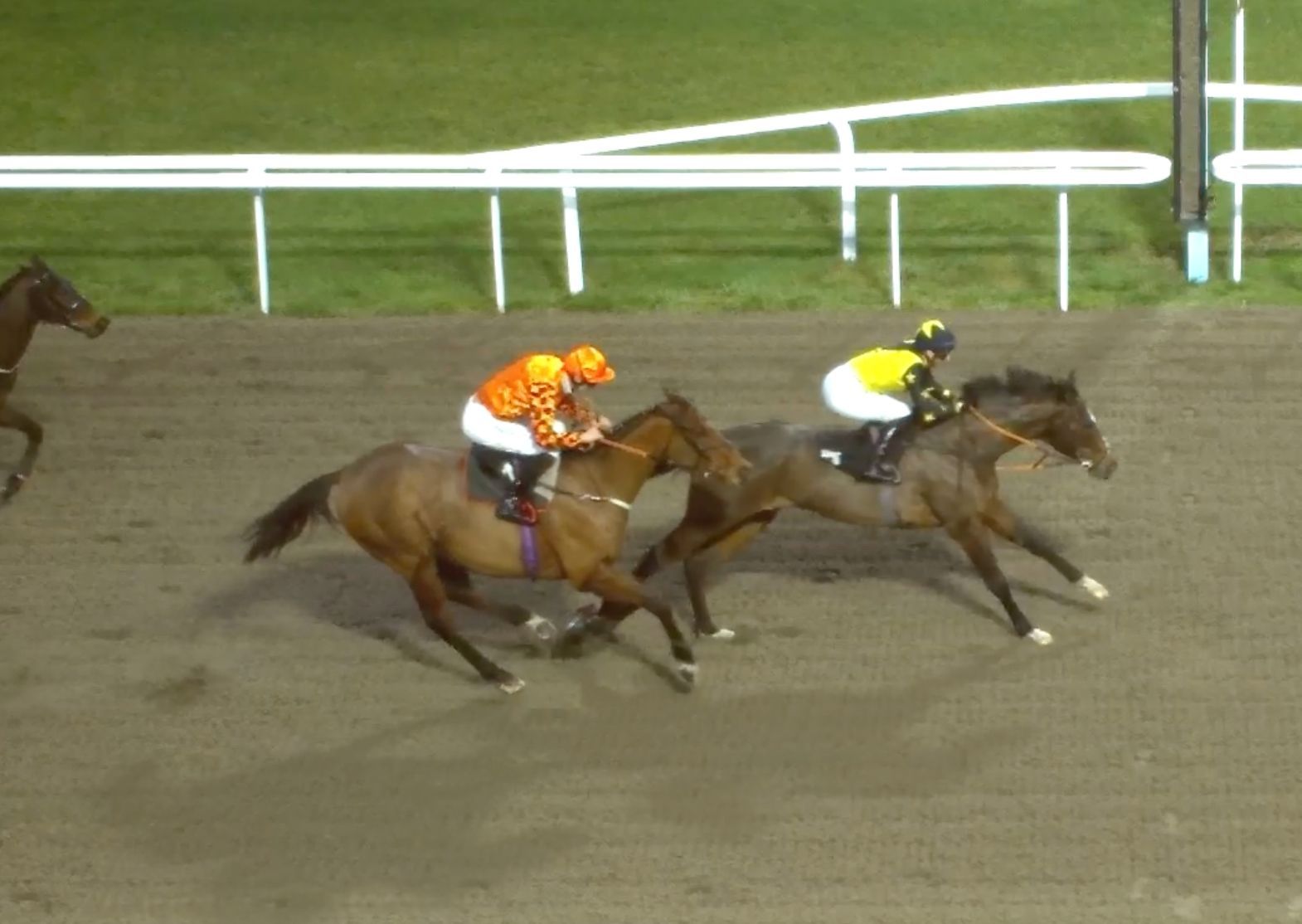 Racehorses with jockeys in colorful silks racing on a dirt track at night, near white fencing.