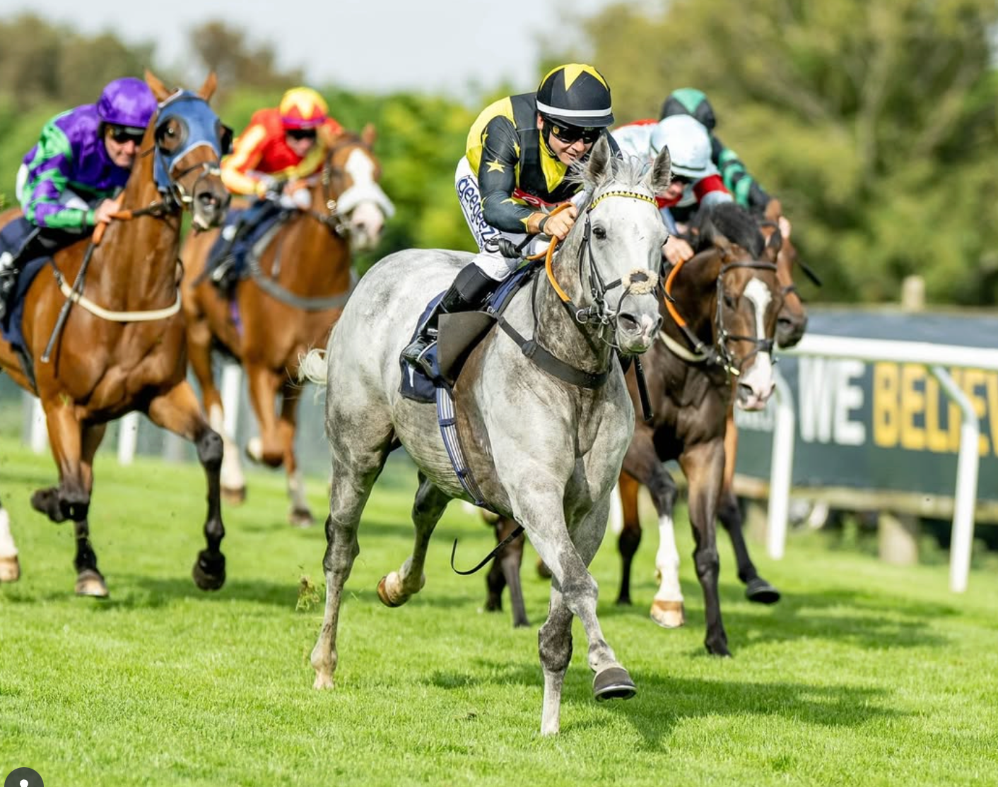 Horse race: grey horse in the lead, green grass track, other horses behind, spectators in foreground.