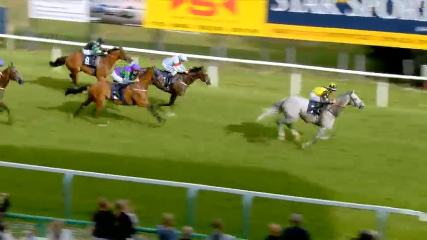 Horse race on a green track; grey horse in the lead, jockeys riding, spectators watching.