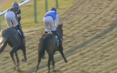 Two jockeys on horseback race on a dirt track. The horse in the lead is in front and slightly to the right.