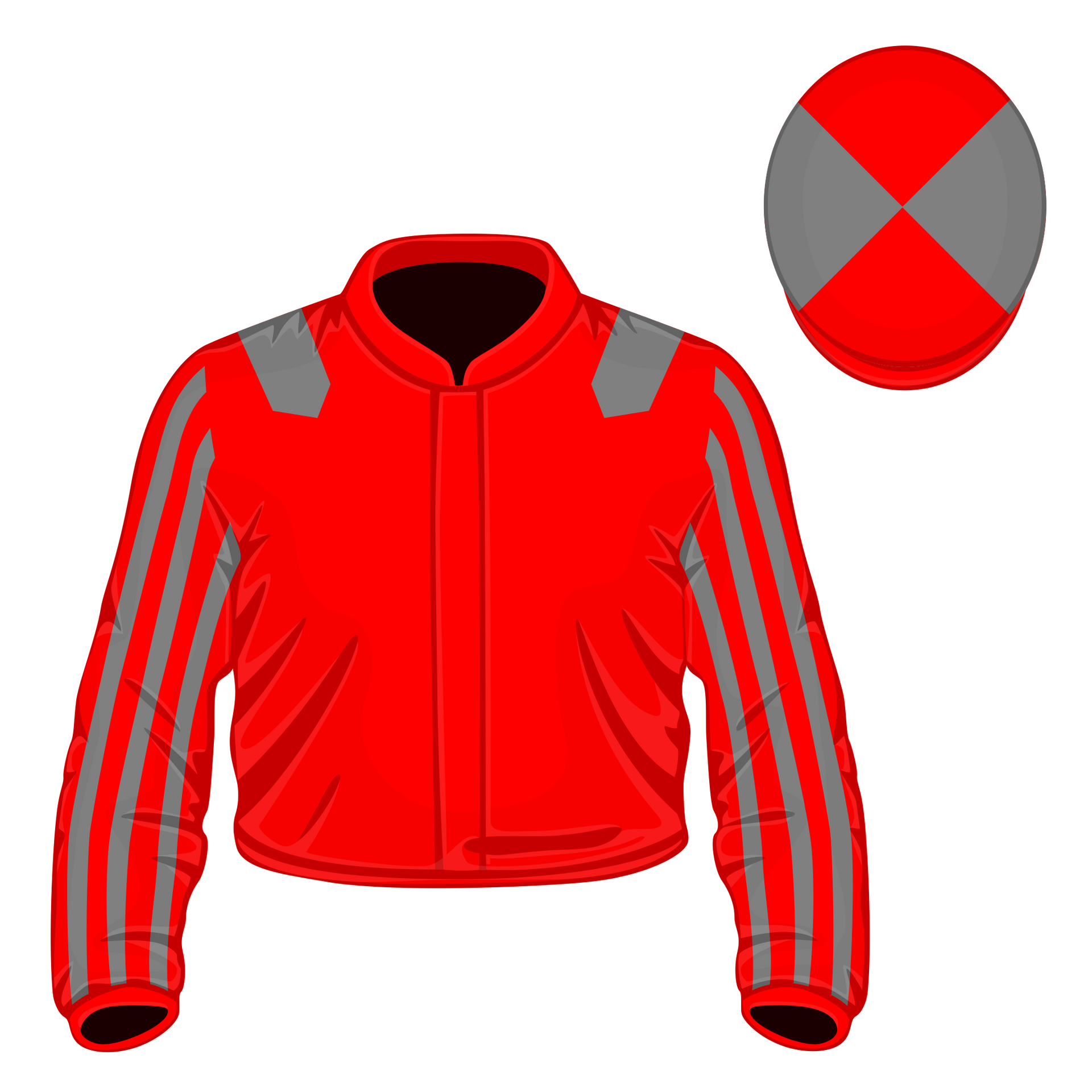 White jacket with blue stripes and stars.