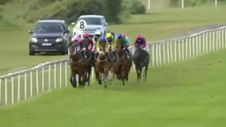 Horses racing on a grassy track with a car and white fence in view.