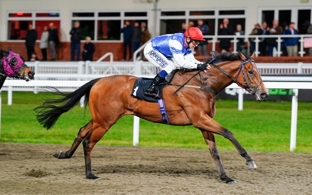 Racehorse, ridden by a jockey in blue, leads a race on a dirt track.