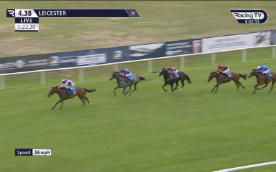 Horse race at Leicester. Horses running on green track, riders in various colors.