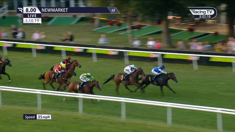 Racehorses competing on a green racetrack at Newmarket; spectators watch in the background.