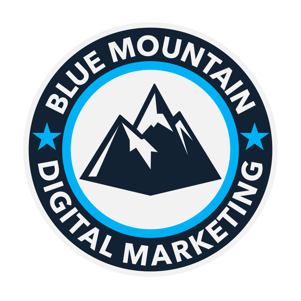 A blue mountain digital marketing logo with two mountains in a circle.