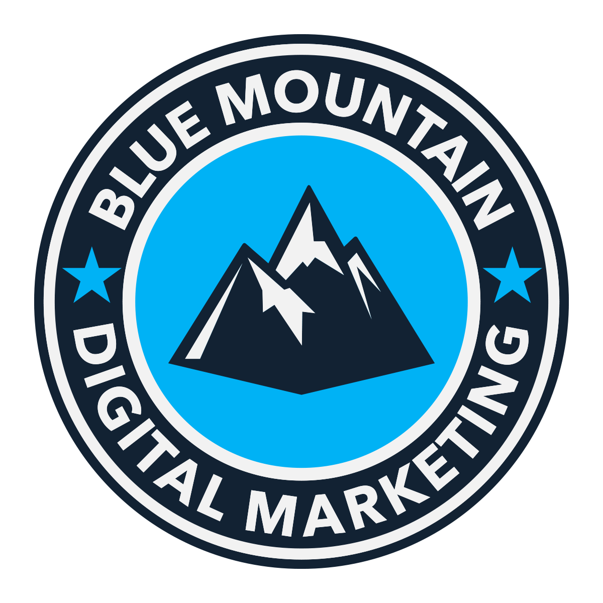 The logo for blue mountain digital marketing has a mountain and trees on it.