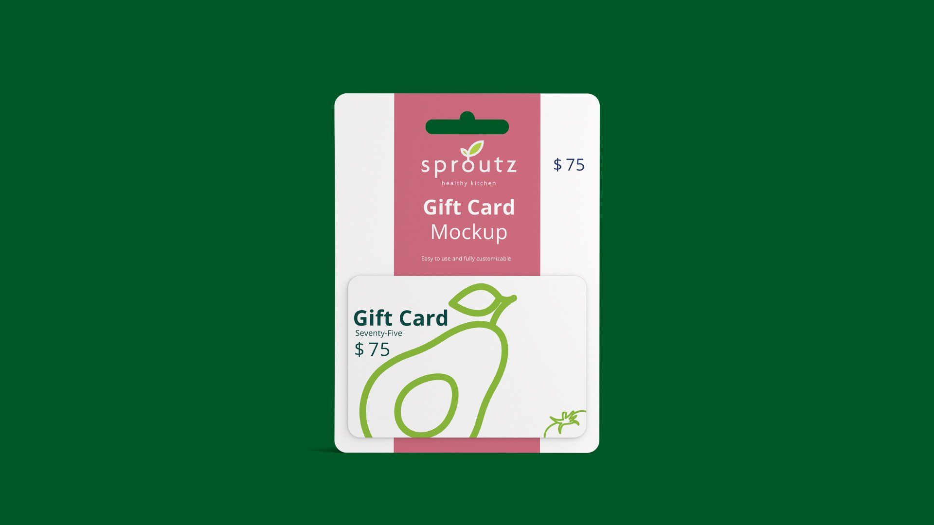 A gift card with a picture of an avocado on it is on a green background.