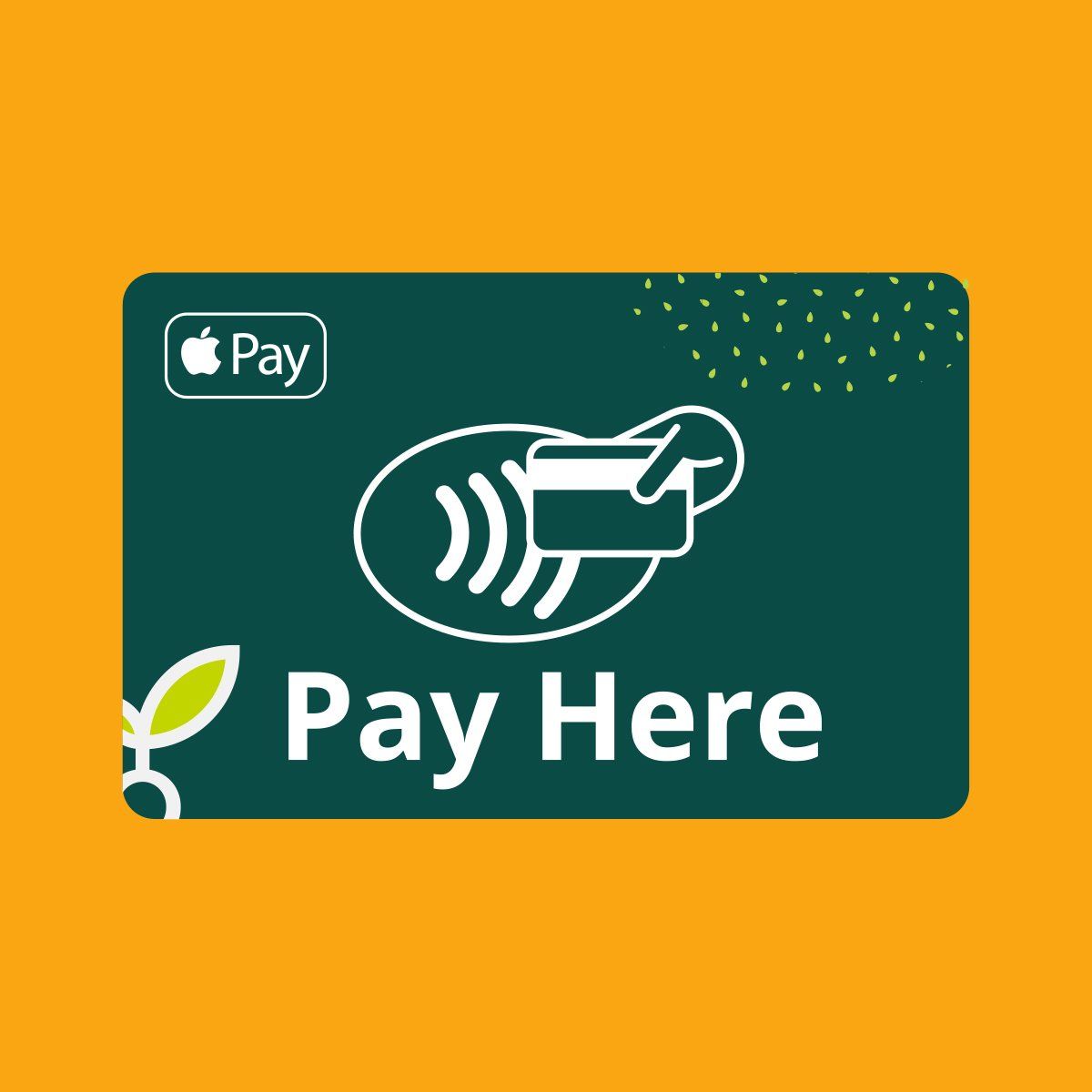 A green apple pay card with a hand holding a credit card on a yellow background.