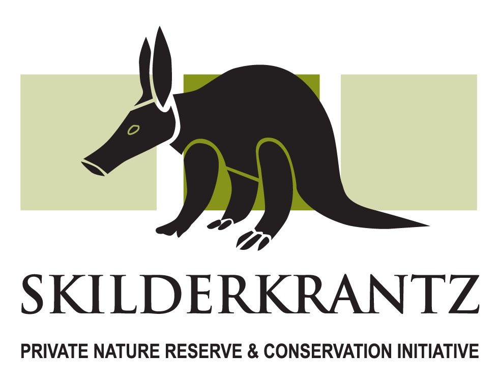 Black aardvark silhouette, Skilderkrantz logo, over green rectangles. Text: Skilderkrantz, Private Nature Reserve & Conservation Initiative.