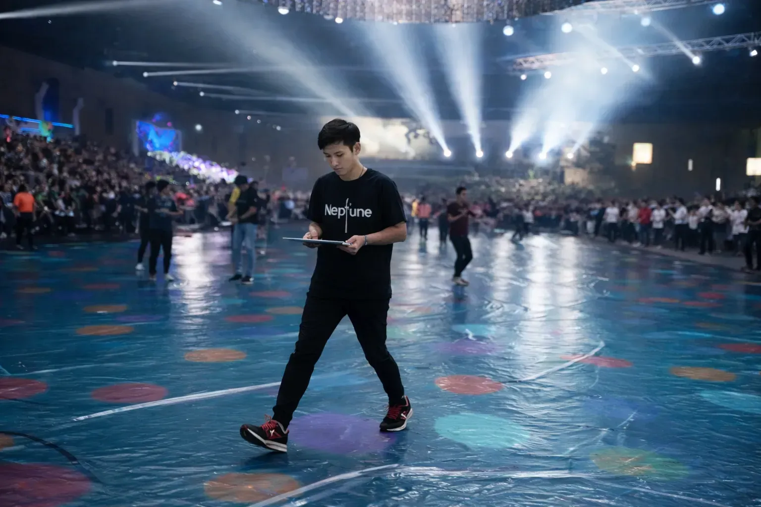 พนักงานใช้แท็บเล็ตเล่นเกมล่าสมบัติ AR ในพื้นที่จัดงานเลี้ยง