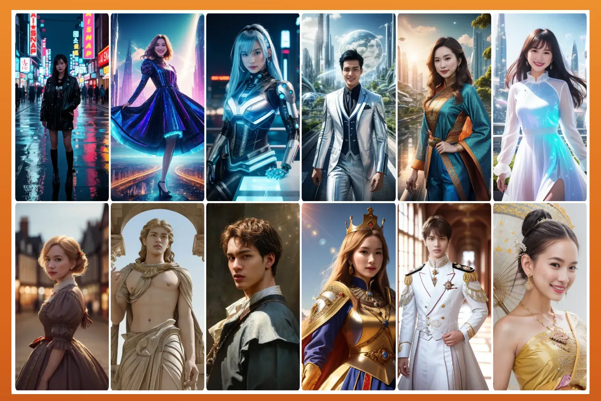ภาพ AI Generative จากตู้โฟโต้บูธ any i ตัวละครชายและหญิงในสไตล์ที่แตกต่างกัน 12 รูปแบบ มีทั้งแนวล้ำยุคไซเบอร์พังก์ (Cyberpunk), ชุดไทยดั้งเดิม, ชุดแฟนตาซีแบบยุโรปโบราณ, ชุดนักรบเกราะทอง และชุดราตรีหรูหรา สะท้อนถึงการใช้เครื่องมือการจัดอีเวนต์ในการสร้างสรรค์คาแรคเตอร์ที่หลากหลาย