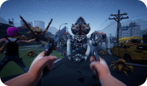 First-person perspective of a player wielding dual pistols, facing a large, robotic spider in a desolate city street.