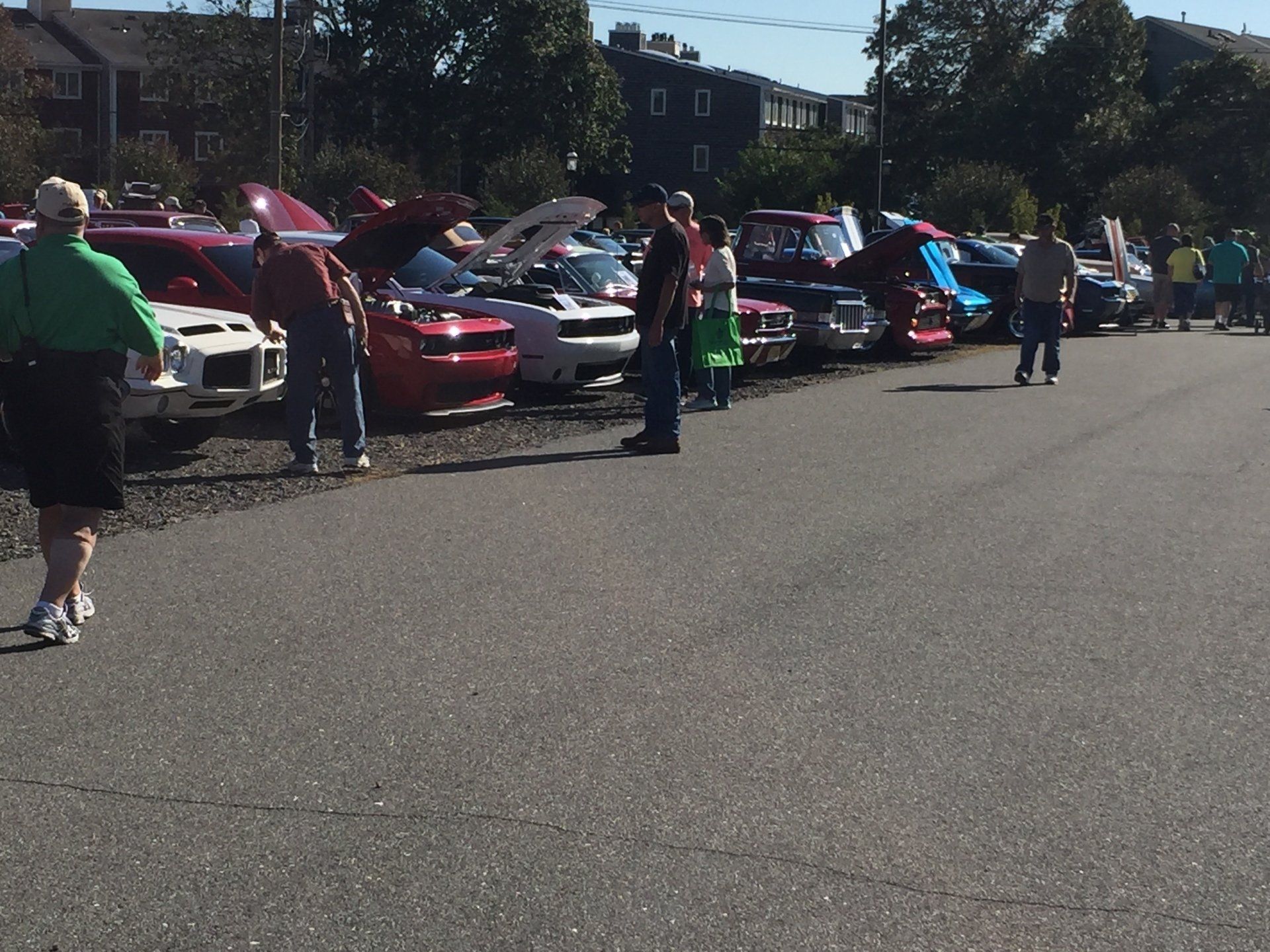 A row of cars are parked in a parking lot