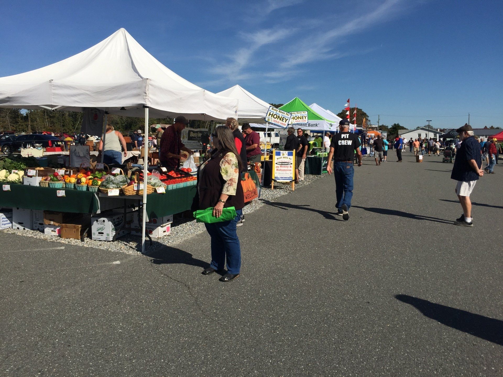 A group of people are shopping at a farmers market.