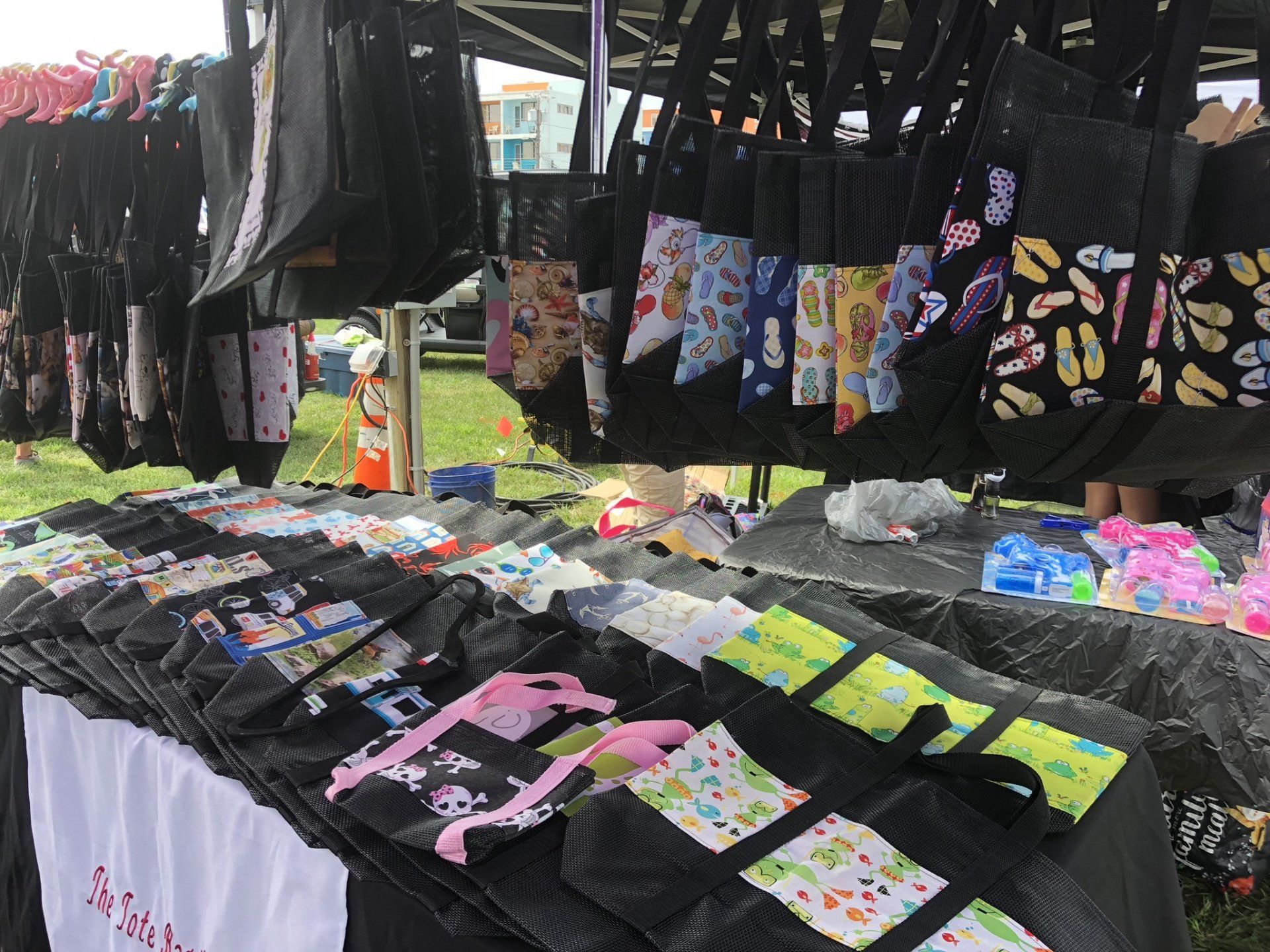 A table with a bunch of bags on it