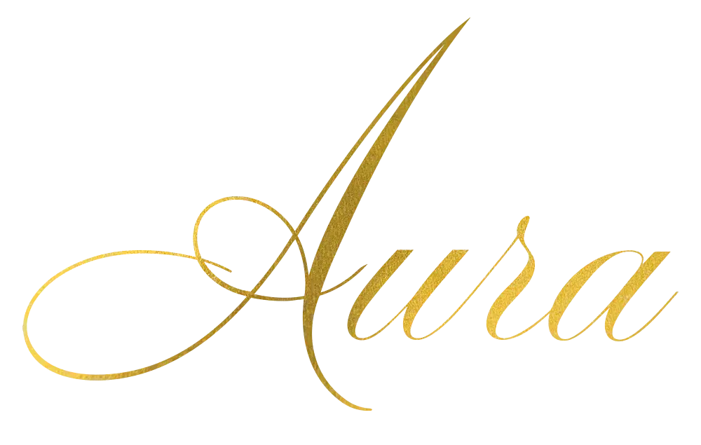 Gold script type face Aura logo