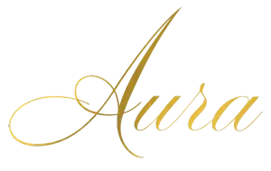 Gold script type face Aura logo