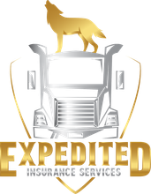 A logo for expedited insurance services with a wolf on top of a truck
