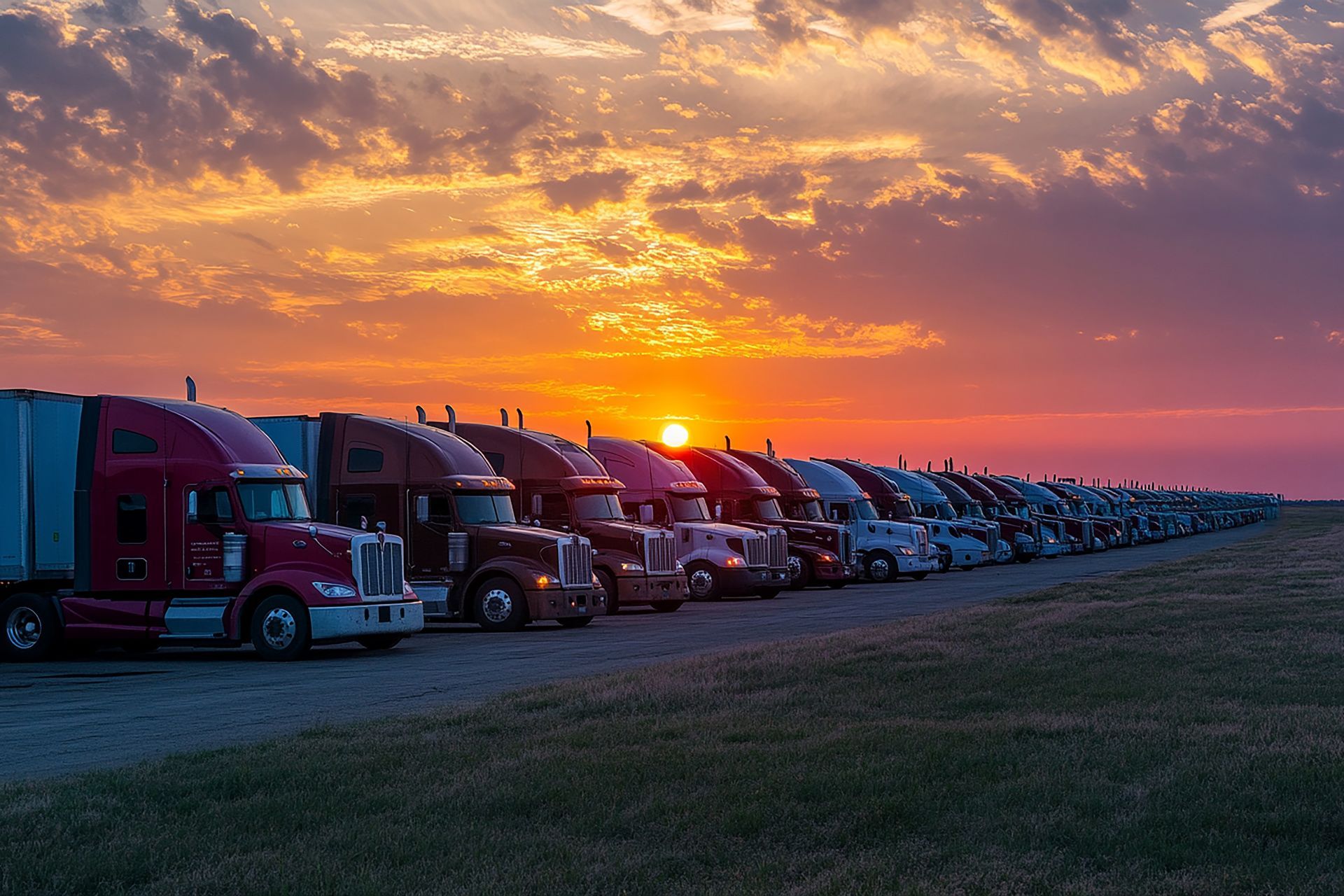 A row of semi trucks are parked in a parking lot at sunset.