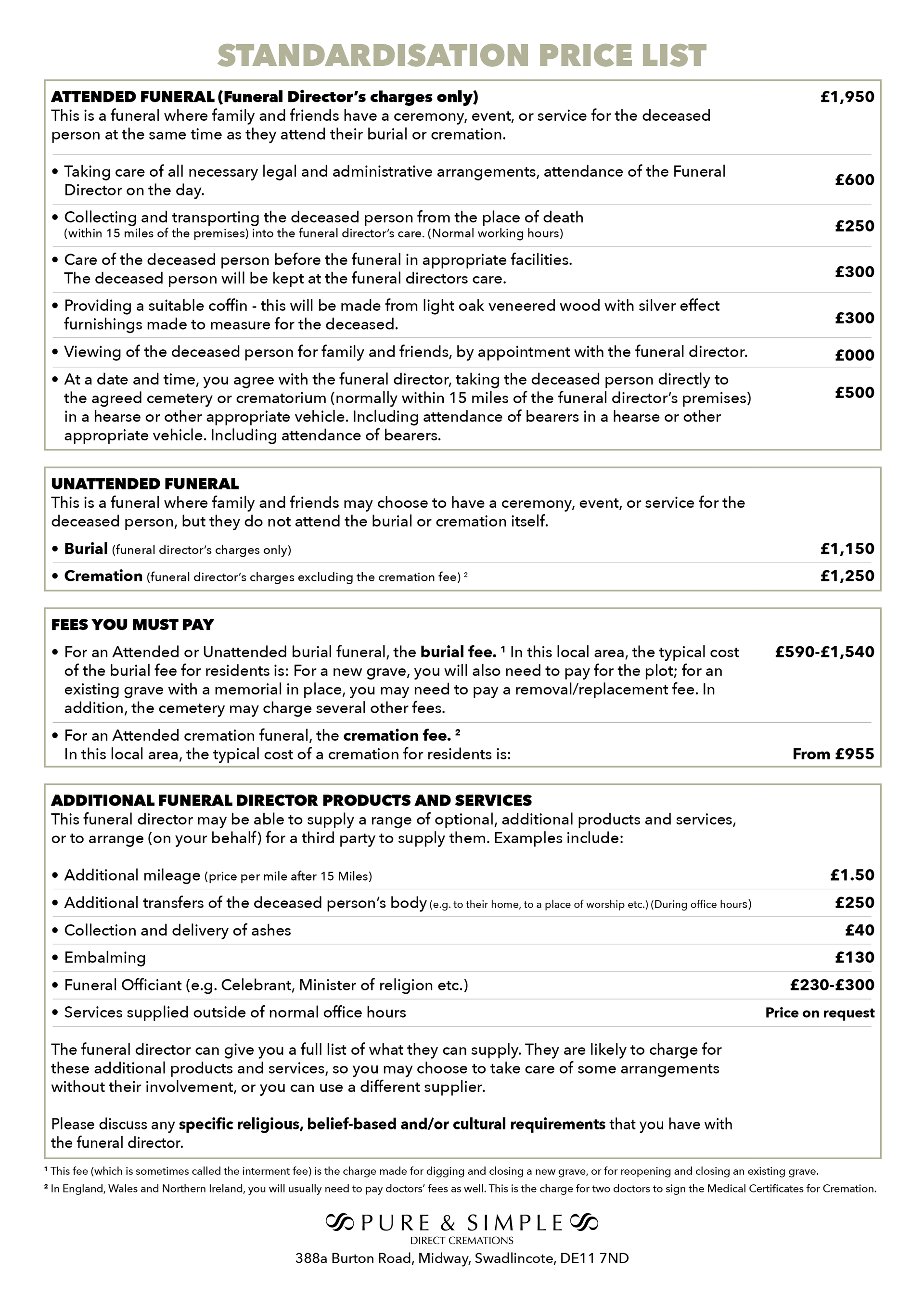 Price list for services, categorized by type, with prices in a vertical format.