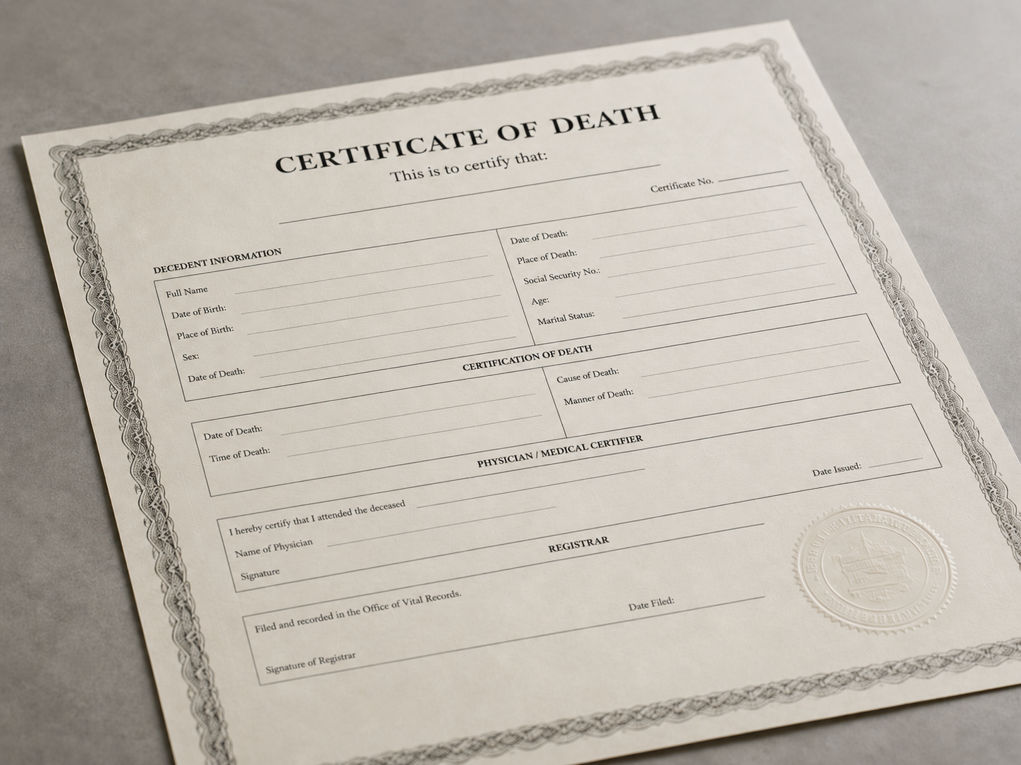 Certificate of death form on a tilted white sheet, with printed fields and an official seal