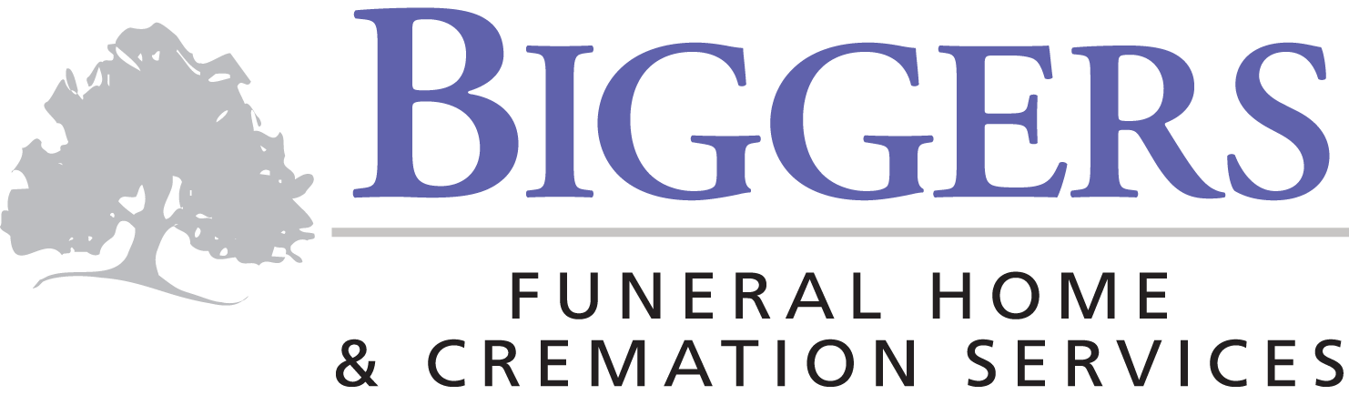 Biggers Funeral Home & Cremation Services logo with tree icon in gray and blue text
