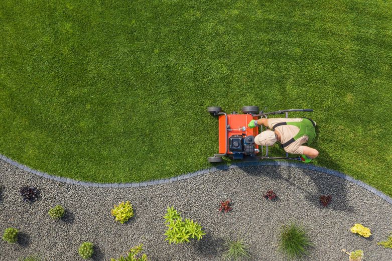 Person mowing lawn with an orange mower near a gravel bed with small plants.