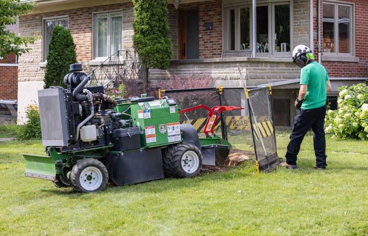 A person operating a green stump grinder in a yard next to a house.