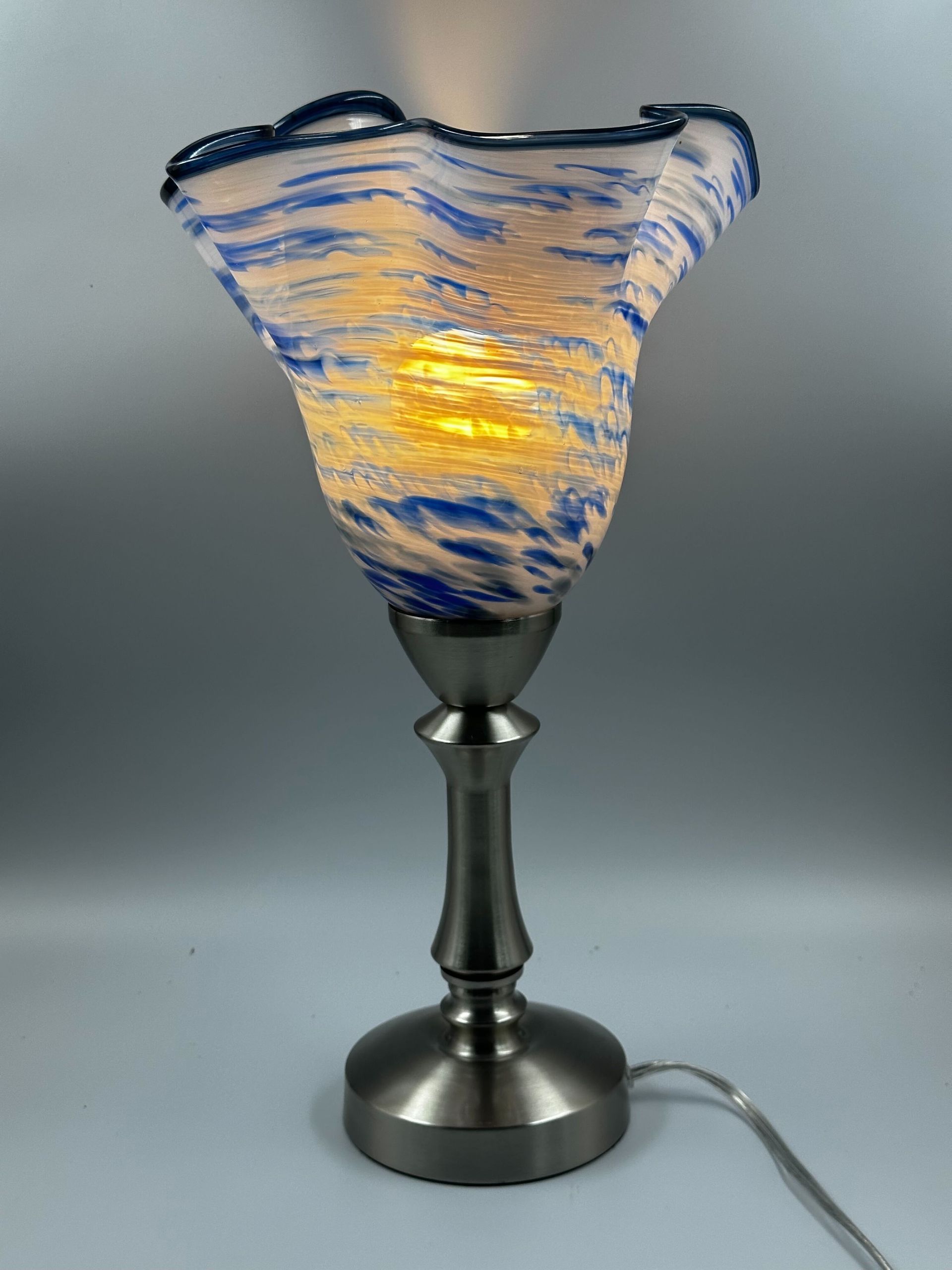 Yellow, Blue swirl custom handblown glass lamp pendant light
