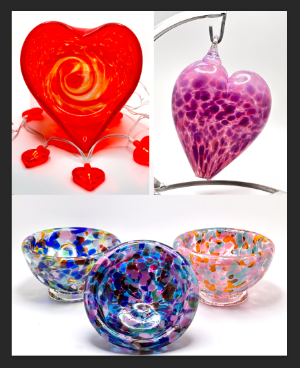 A collage of three pictures of glass hearts and bowls