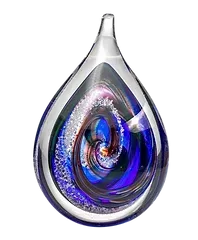 A purple glass pendant with a swirl inside of it on a white background.