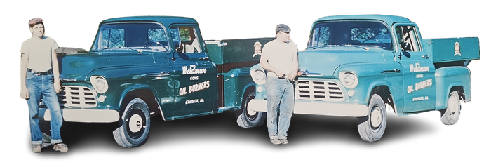 John Weidman and Sons heating and cooling in Ephrata PA A group of men are posing for a picture in front of a truck.