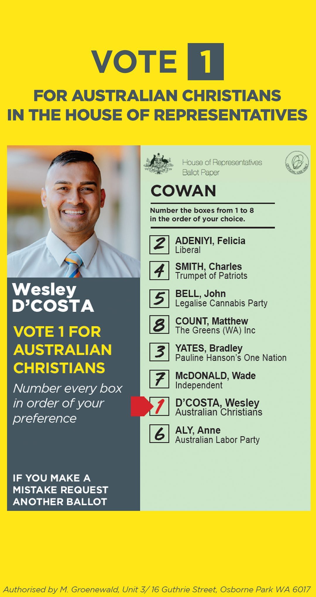 Vote 1 for Australian Christians in Cowan