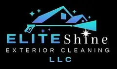 Elite Shine logo with a house and pressure washer, blue and teal on black background.