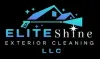 Elite Shine logo with a house and pressure washer, blue and teal on black background.