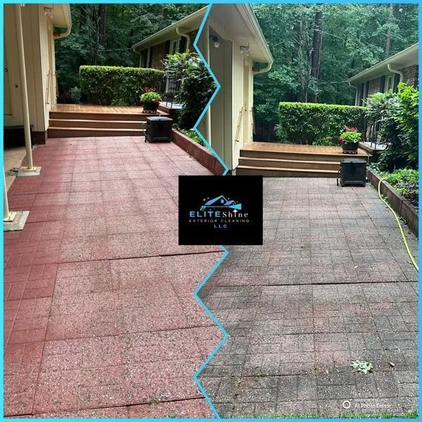 Before and after comparison of pressure washed red patio pavers.