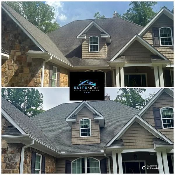 Before-and-after of a house roof cleaning. Top portion shows dirty roof, bottom shows a clean, restored roof.