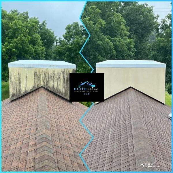 Before-and-after of a roof and chimney cleaning. The left side is dirty, the right side is clean.